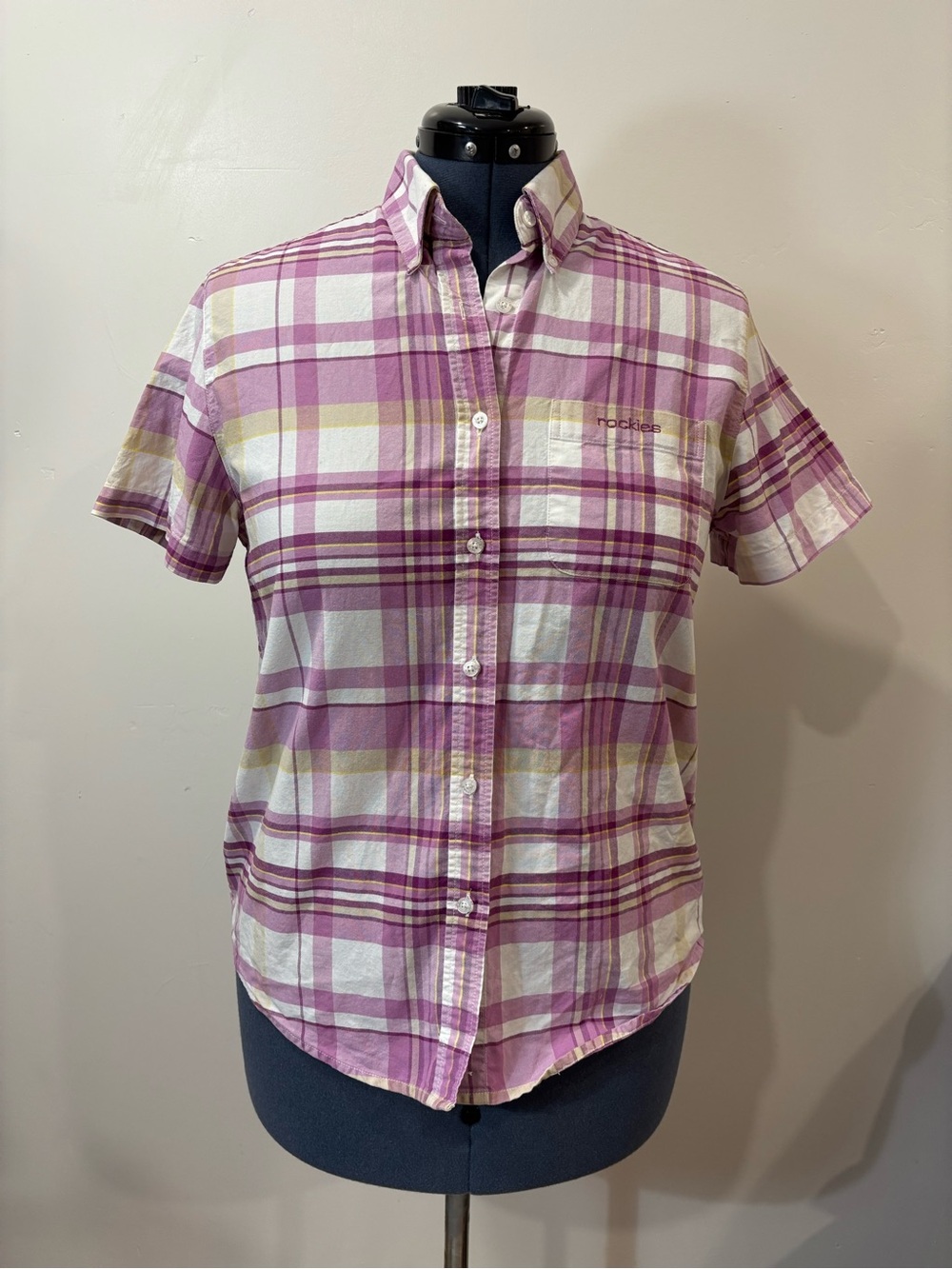 Vintage 90s Rockies Lavender and White Plaid Short-Sleeve Button-Up